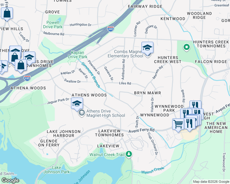map of restaurants, bars, coffee shops, grocery stores, and more near 3731 Swift Drive in Raleigh