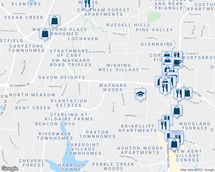 map of restaurants, bars, coffee shops, grocery stores, and more near 108 Leisure Court in Cary