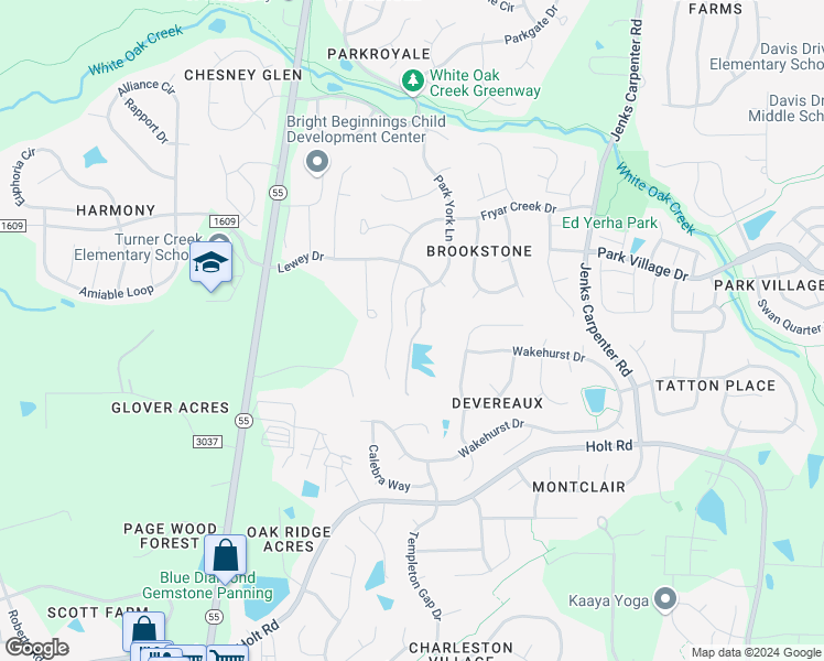 map of restaurants, bars, coffee shops, grocery stores, and more near 6625 Lewey Drive in Cary