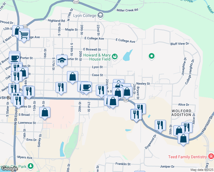 map of restaurants, bars, coffee shops, grocery stores, and more near 2285 Byers Street in Batesville