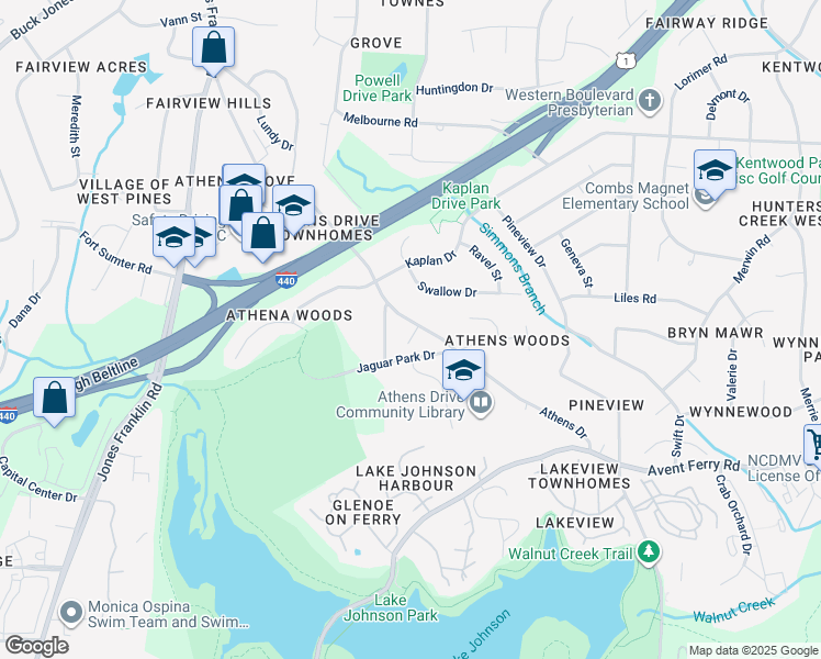 map of restaurants, bars, coffee shops, grocery stores, and more near 1312 Athens Drive in Raleigh