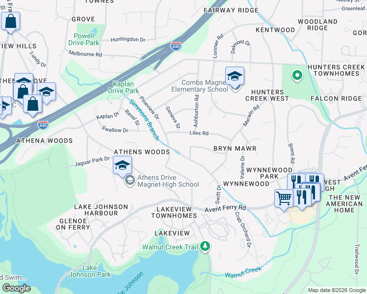 map of restaurants, bars, coffee shops, grocery stores, and more near 3731 Swift Drive in Raleigh