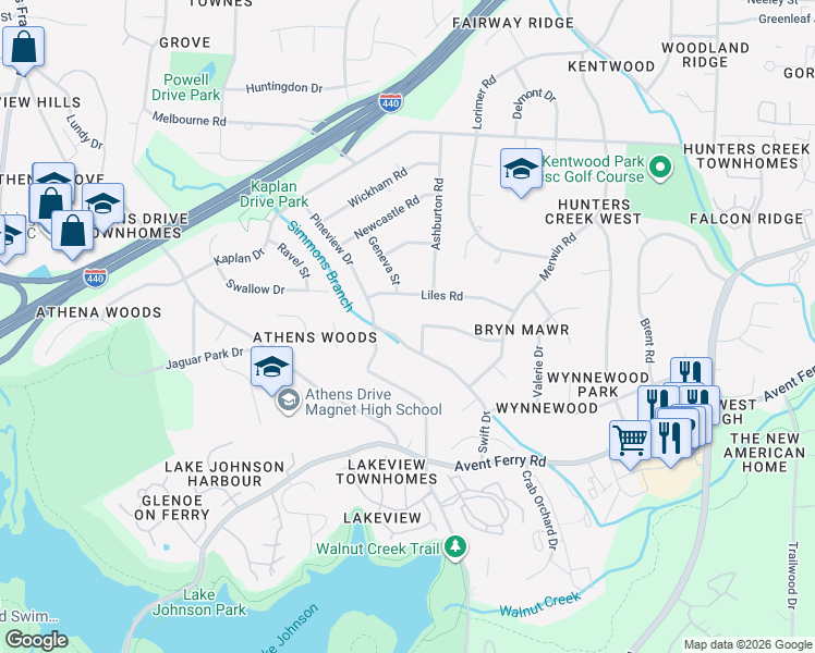 map of restaurants, bars, coffee shops, grocery stores, and more near 3731 Swift Drive in Raleigh