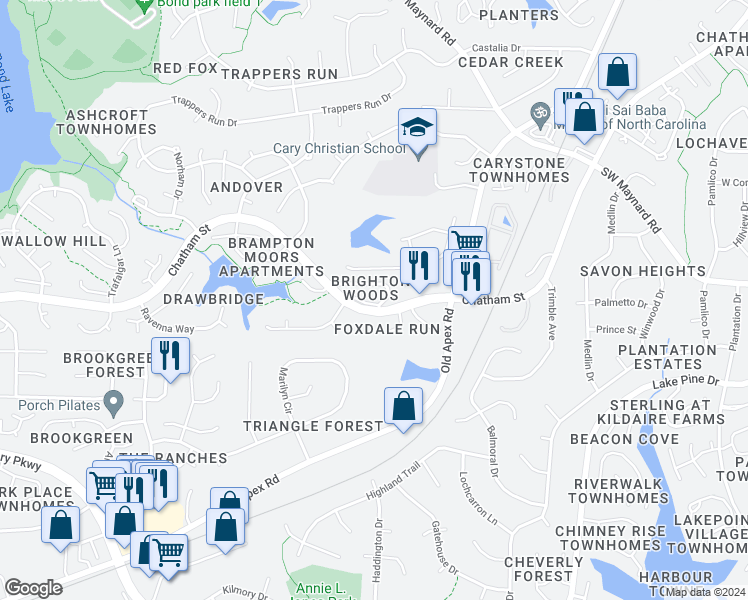 map of restaurants, bars, coffee shops, grocery stores, and more near 102 Union Jack Lane in Cary