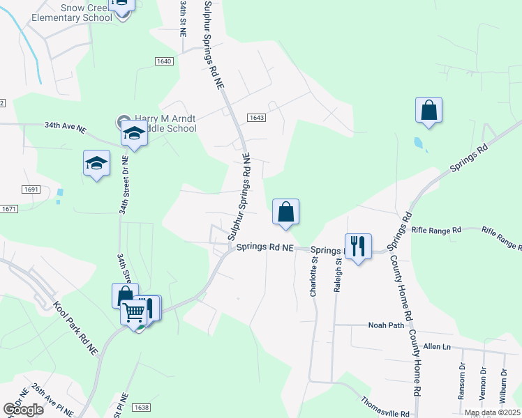 map of restaurants, bars, coffee shops, grocery stores, and more near 3621 32nd Avenue Northeast in Hickory