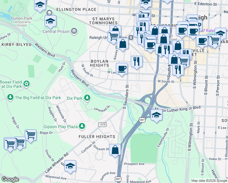map of restaurants, bars, coffee shops, grocery stores, and more near 629 Effie Way in Raleigh