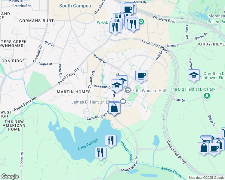map of restaurants, bars, coffee shops, grocery stores, and more near 1010 Main Campus Drive in Raleigh