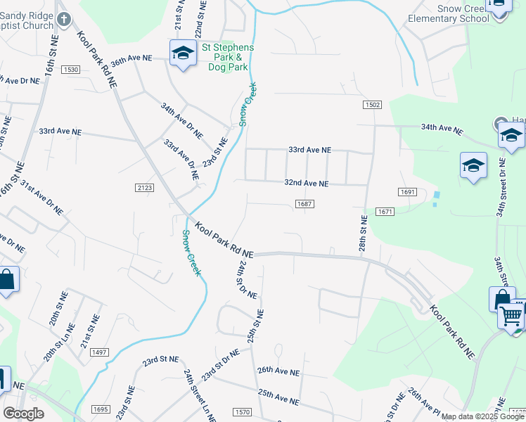 map of restaurants, bars, coffee shops, grocery stores, and more near 2504 31st Avenue Place Northeast in Hickory
