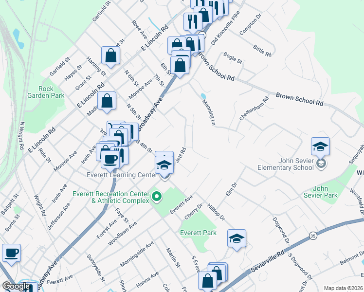 map of restaurants, bars, coffee shops, grocery stores, and more near 1615 Jett Road in Maryville