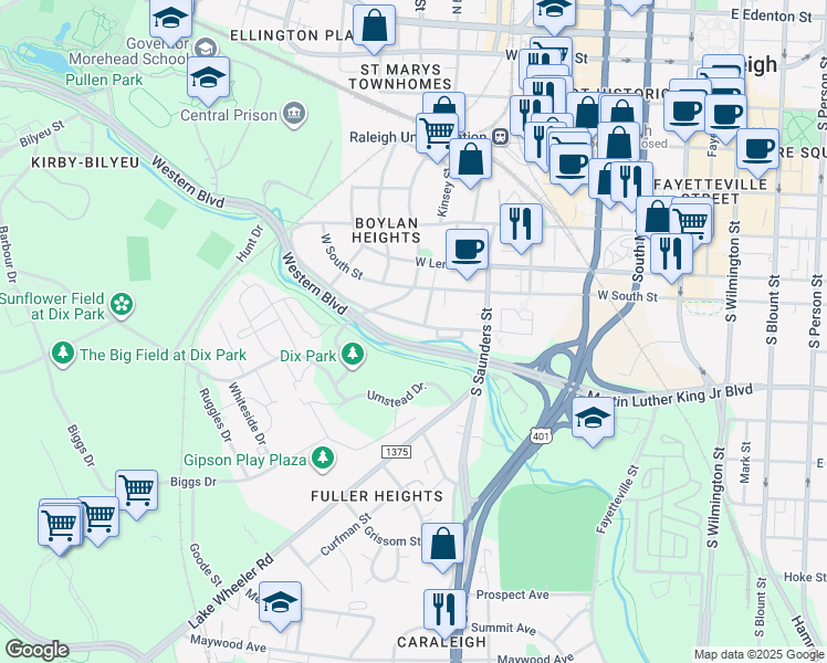 map of restaurants, bars, coffee shops, grocery stores, and more near 703 Dorothea Drive in Raleigh