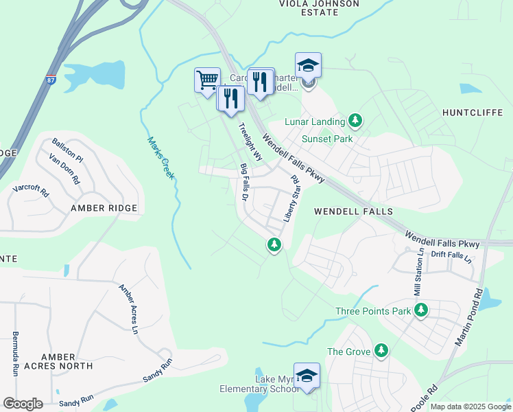 map of restaurants, bars, coffee shops, grocery stores, and more near 2021 Cotton Barn Court in Wendell