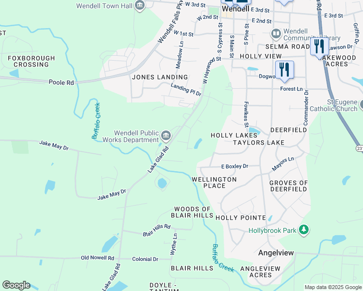 map of restaurants, bars, coffee shops, grocery stores, and more near 105 Sepals Place in Wendell