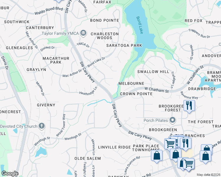 map of restaurants, bars, coffee shops, grocery stores, and more near 212 Gettysburg Drive in Cary