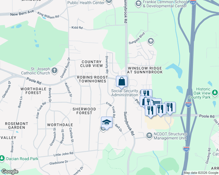 map of restaurants, bars, coffee shops, grocery stores, and more near 528 Cooper Road in Raleigh