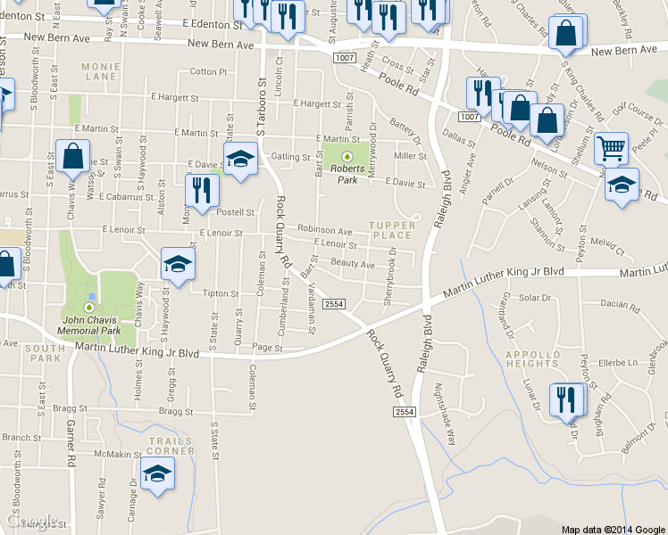 map of restaurants, bars, coffee shops, grocery stores, and more near 713 Rock Quarry Road in Raleigh