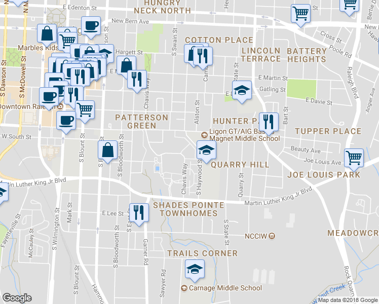 map of restaurants, bars, coffee shops, grocery stores, and more near 750 Bright Creek Way in Raleigh