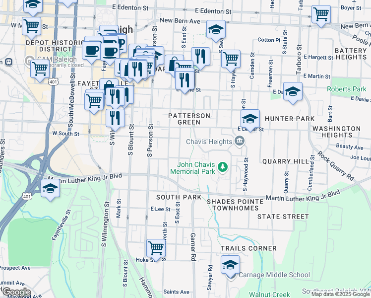 map of restaurants, bars, coffee shops, grocery stores, and more near 518 Worth Street in Raleigh