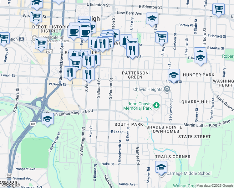 map of restaurants, bars, coffee shops, grocery stores, and more near 324 Worth Street in Raleigh