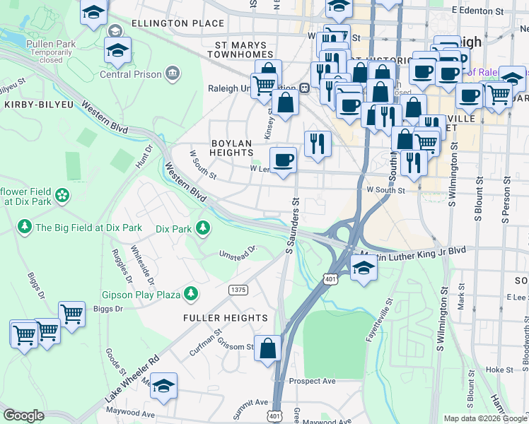 map of restaurants, bars, coffee shops, grocery stores, and more near 629 Effie Way in Raleigh