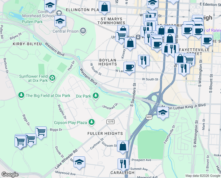 map of restaurants, bars, coffee shops, grocery stores, and more near 703 Dorothea Drive in Raleigh