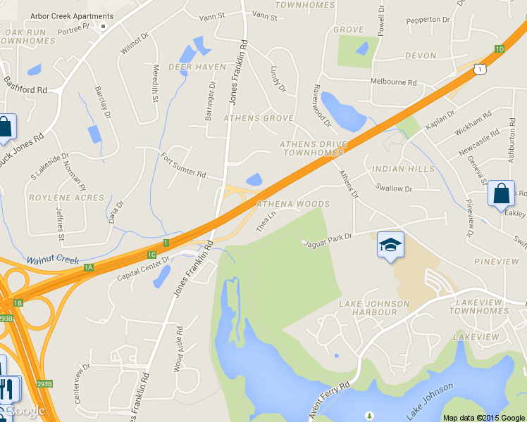 map of restaurants, bars, coffee shops, grocery stores, and more near 5633 Thea Lane in Raleigh