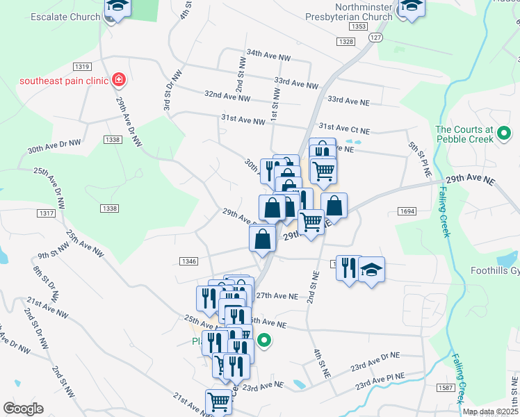 map of restaurants, bars, coffee shops, grocery stores, and more near 105 29th Avenue Drive Northwest in Hickory