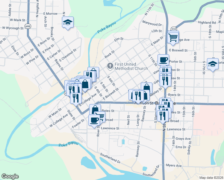 map of restaurants, bars, coffee shops, grocery stores, and more near 345 South 5th Street in Batesville