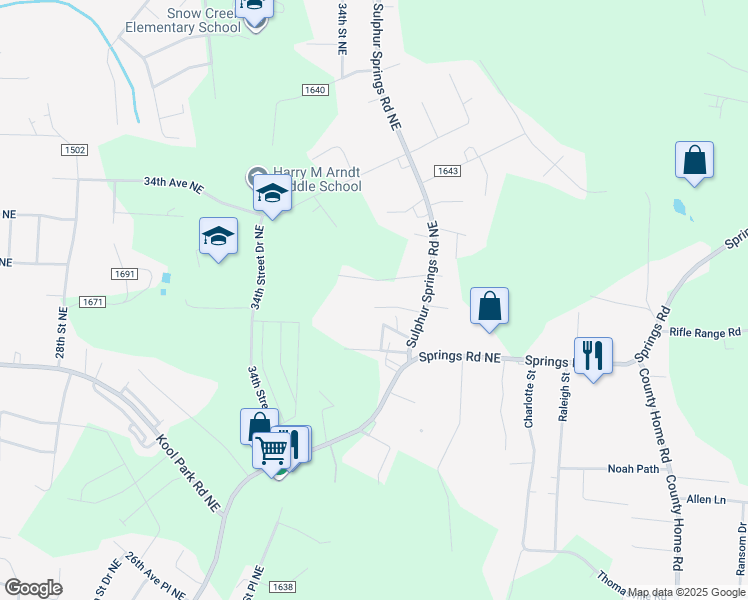 map of restaurants, bars, coffee shops, grocery stores, and more near 3141 Sulphur Springs Road Northeast in Hickory