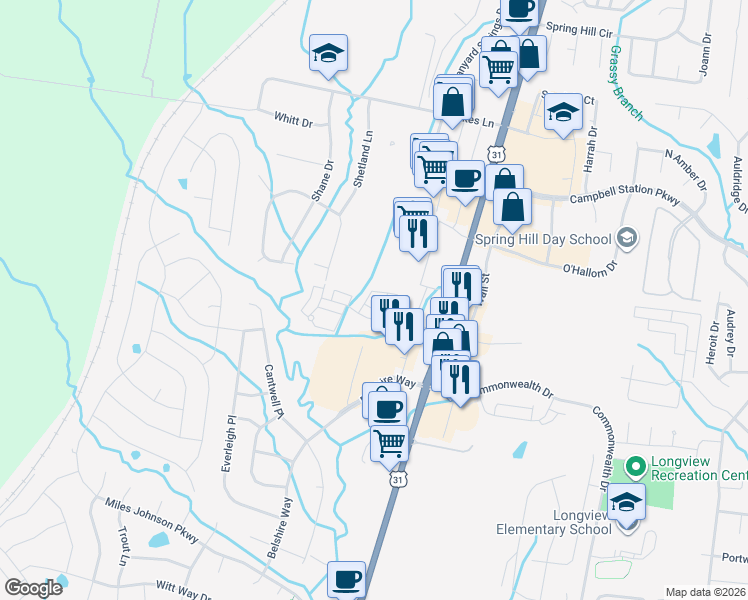 map of restaurants, bars, coffee shops, grocery stores, and more near 3015 Belshire Village Drive in Spring Hill