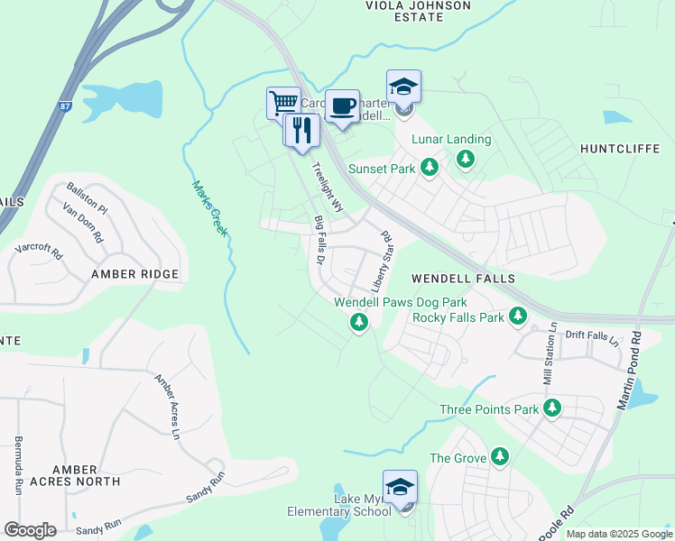map of restaurants, bars, coffee shops, grocery stores, and more near 2021 Cotton Barn Court in Wendell