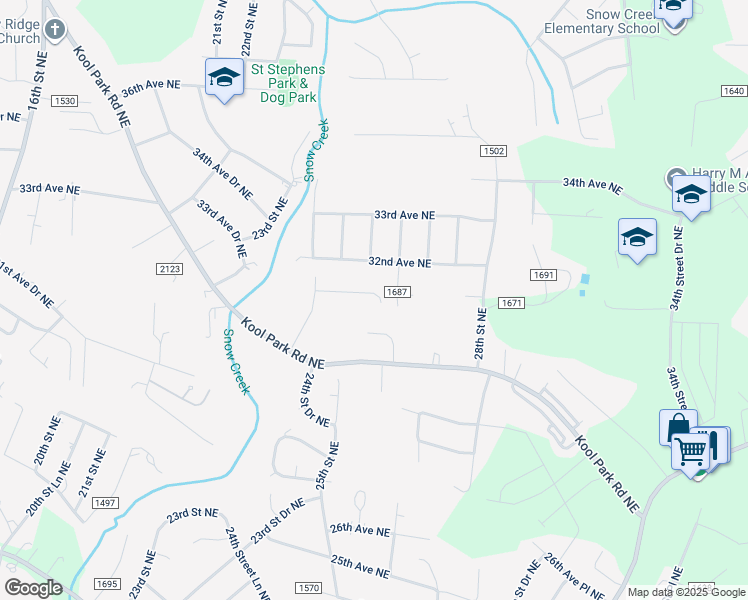 map of restaurants, bars, coffee shops, grocery stores, and more near 2550 31st Avenue Place Northeast in Hickory