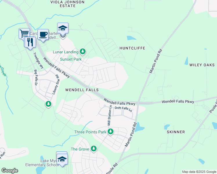 map of restaurants, bars, coffee shops, grocery stores, and more near 340 Tumbling River Drive in Wendell