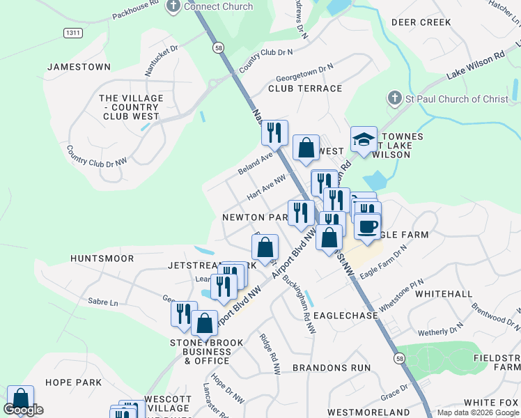 map of restaurants, bars, coffee shops, grocery stores, and more near in Wilson