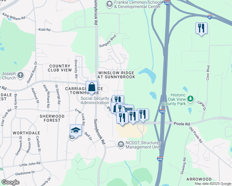 map of restaurants, bars, coffee shops, grocery stores, and more near 3315 Poole Road in Raleigh