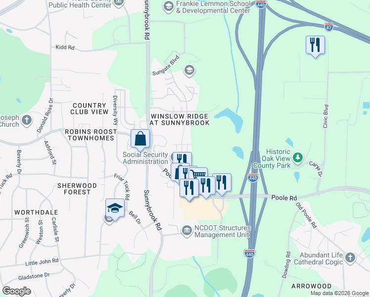 map of restaurants, bars, coffee shops, grocery stores, and more near 813 Samuel Street in Raleigh