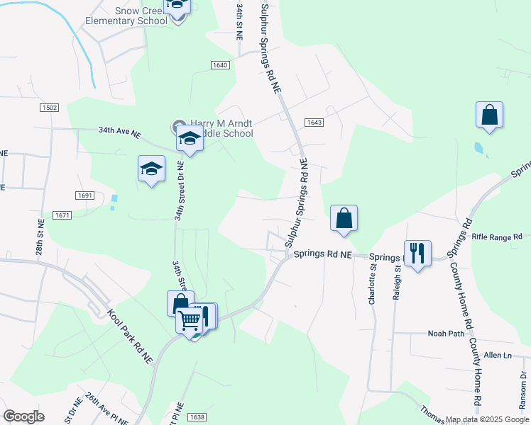map of restaurants, bars, coffee shops, grocery stores, and more near 3141 Sulphur Springs Road Northeast in Hickory