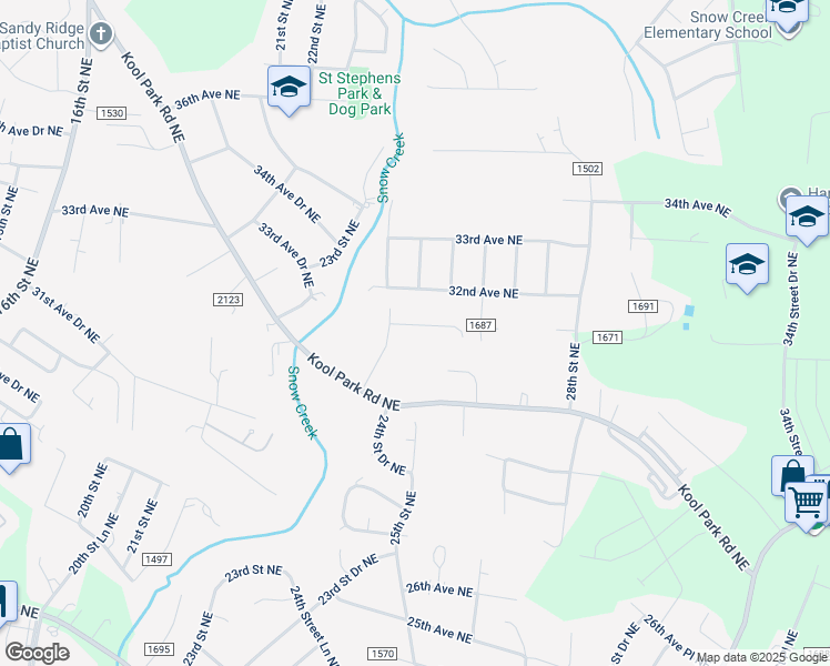 map of restaurants, bars, coffee shops, grocery stores, and more near 2504 31st Avenue Place Northeast in Hickory