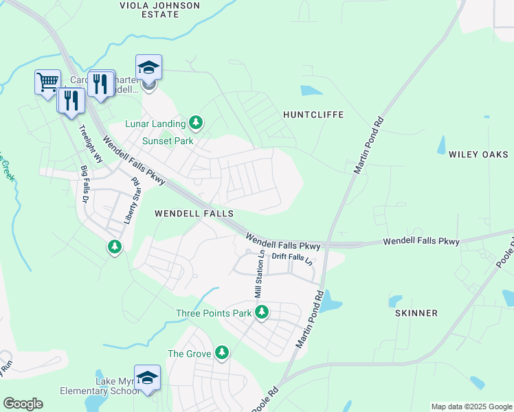 map of restaurants, bars, coffee shops, grocery stores, and more near 340 Tumbling River Drive in Wendell