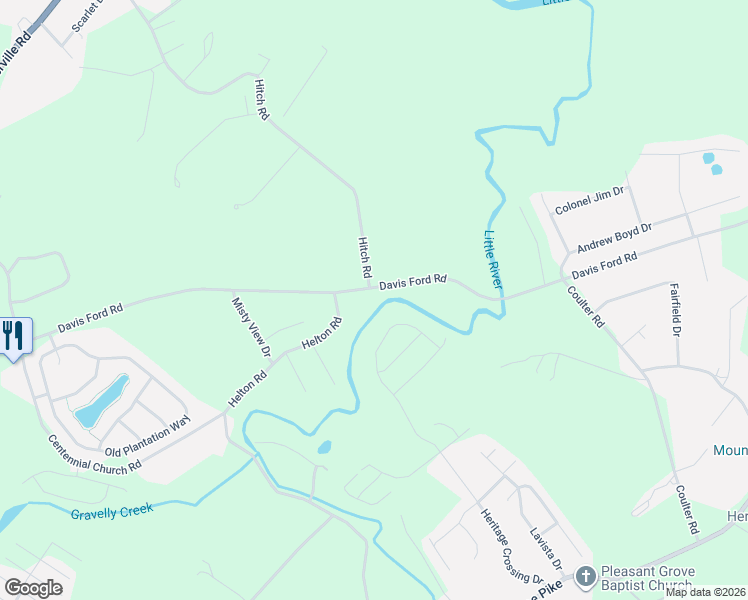 map of restaurants, bars, coffee shops, grocery stores, and more near 3401-3581 Davis Ford Road in Maryville