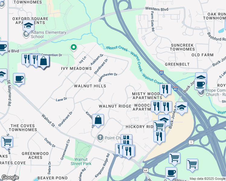 map of restaurants, bars, coffee shops, grocery stores, and more near 115 Escher Lane in Cary