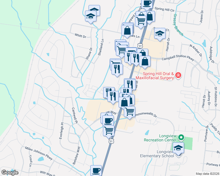 map of restaurants, bars, coffee shops, grocery stores, and more near 209 Folsom Pass in Spring Hill