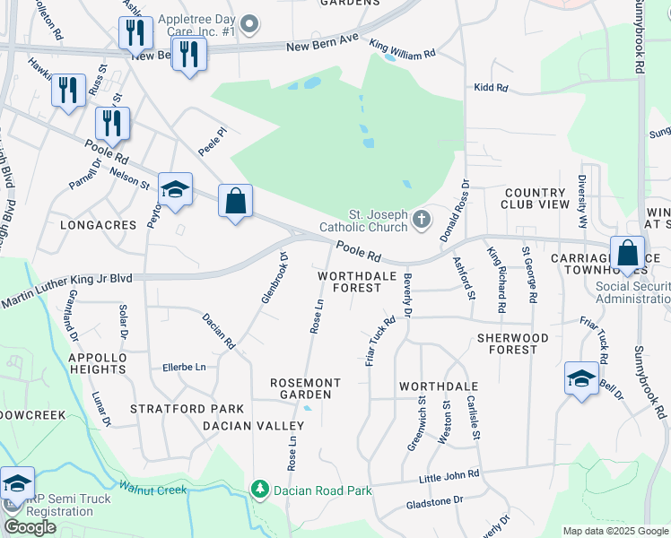 map of restaurants, bars, coffee shops, grocery stores, and more near 2632 Poole Road in Raleigh