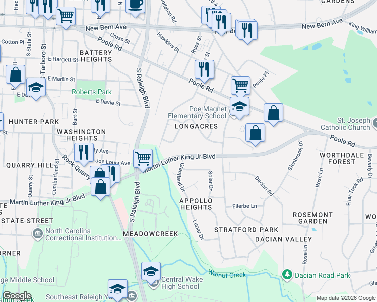 map of restaurants, bars, coffee shops, grocery stores, and more near 521 Lansing Street in Raleigh