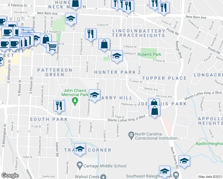 map of restaurants, bars, coffee shops, grocery stores, and more near 709 South State Street in Raleigh
