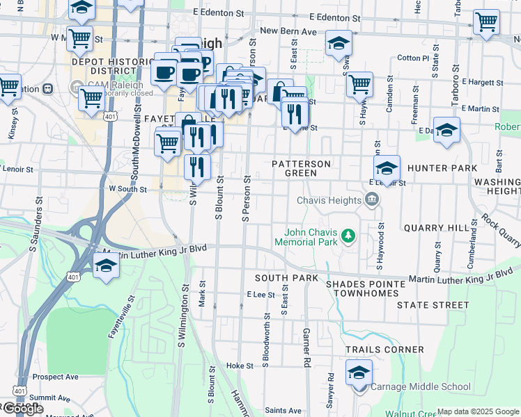 map of restaurants, bars, coffee shops, grocery stores, and more near in Raleigh