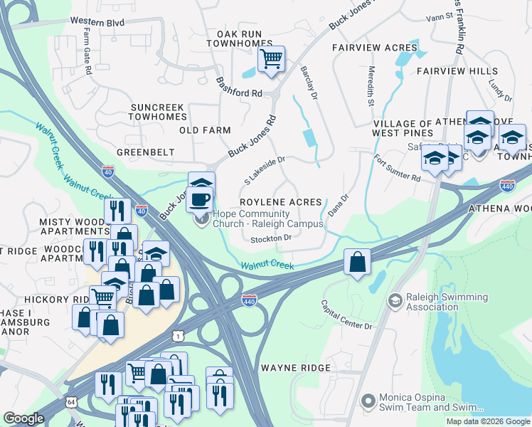 map of restaurants, bars, coffee shops, grocery stores, and more near 629 South Lakeside Drive in Raleigh