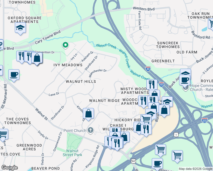 map of restaurants, bars, coffee shops, grocery stores, and more near 1049 Dunsford Place in Cary