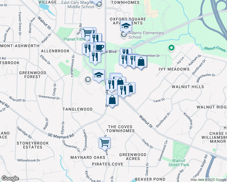 map of restaurants, bars, coffee shops, grocery stores, and more near 1113-1127 Walnut Street in Cary