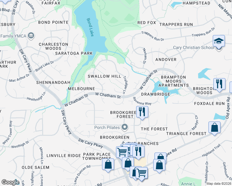 map of restaurants, bars, coffee shops, grocery stores, and more near 108 Vashon Court in Cary