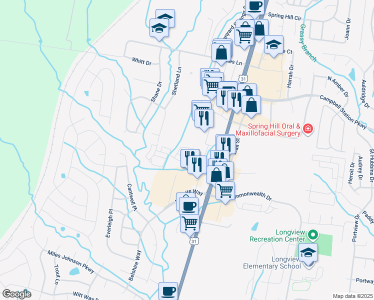 map of restaurants, bars, coffee shops, grocery stores, and more near 3028 Belshire Village Drive in Spring Hill